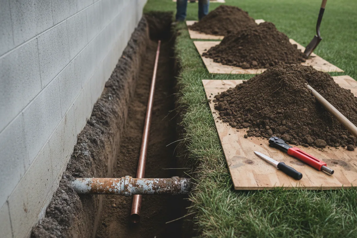 Excavated water line trench during Water Softener Installation in Mount Freedom